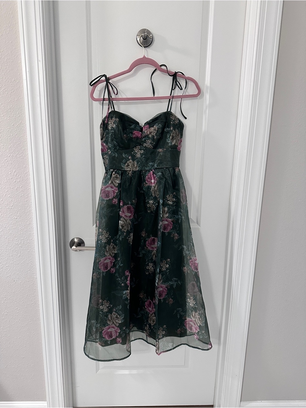 Francesca's Collections Dark Green Midi Dress with Pink Floral Print
